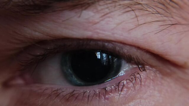 Macro shot of junkie man's eye with dilated pupil. Eye drops after a visit to an ophthalmologist. Drug influence concept.