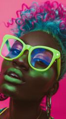 A close-up photo showcases an African American woman with neon pink and blue hair, donning an oversized green shirt and yellow frame glasses. She holds her face in front of the camera