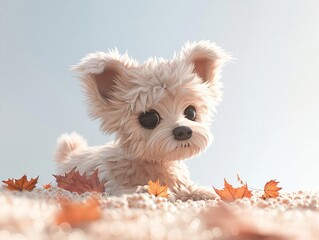 A small, fluffy dog with a soft white coat, lying in a bed of colorful autumn leaves under a clear blue sky