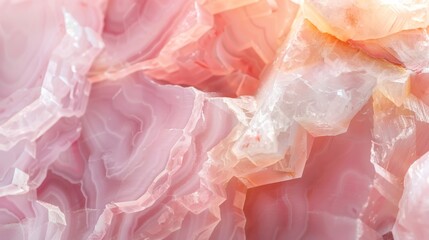 A closeup of rose quartz, a soft pink stone with subtle veins and highlights in peachy tones, against a light background.