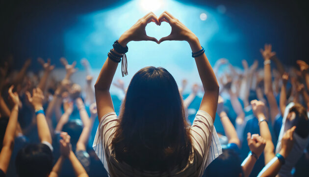 Woman Making Heart Shape at Concert with Crowd in Background - Powered by Adobe