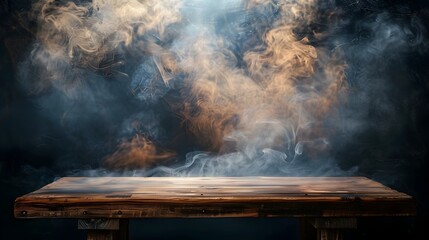 Mysterious Wooden Table with Ethereal Smoke in Moody,Dramatic Atmosphere