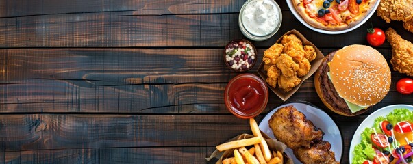 Various kinds of fast food on a wooden table