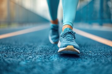 A young woman in blue leggings is walking on a running track. She is wearing blue sneakers and has her hair in a ponytail. The image is taken from a low angle and her legs are in focus - Powered by Adobe