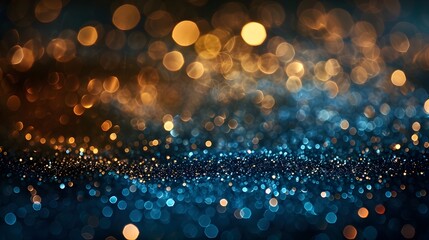 Shimmering abstract background of golden,blue,and black defocused glitter lights