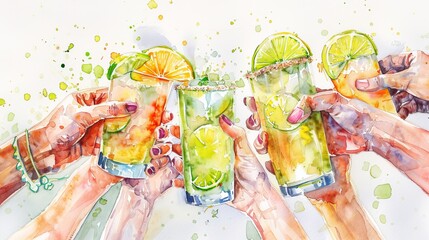 Simplistic watercolor focusing on the detail of sparkling margaritas being toasted by a diverse group of hands, symbolizing unity and celebration