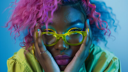 A close-up photo showcases an African American woman with neon pink and blue hair, donning an oversized green shirt and yellow frame glasses. She holds her face in front of the camera