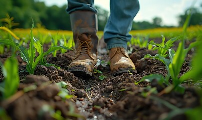 Fototapeta premium Farmer inspecting a field of corn, handson approach, wide angle