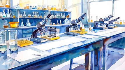 Vibrant watercolor showing an empty science lab, desks equipped with microscopes and beakers, ready for discovery, on a clean white background
