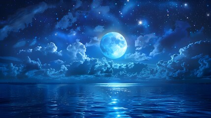 Romantic Moonlit Seascape with Ethereal Clouds and Sparkling Reflections