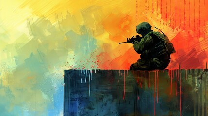 Watercolor illustration of a SWAT officer crouched behind a barrier, scanning the horizon, the tension palpable in the vivid surroundings