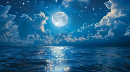 Enchanting Moonlight Reflected on the Serene Ocean Surface Under a Starry Nightsky
