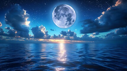 Stunning Moonlit Seascape with Ethereal Clouds and Starry Sky over Sparkling Ocean Horizon