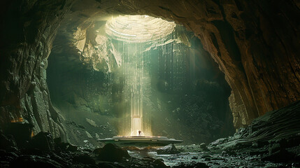 Stone metaverse portal in dark cave