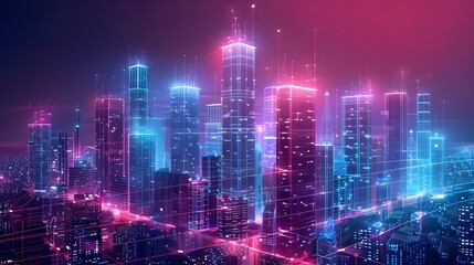 Obraz premium Glowing Futuristic Urban Landscape with Towering Skyscrapers and Vivid Neon Lighting in Nighttime Cityscape