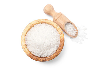 Natural salt in wooden bowl and scoop on white background, top view