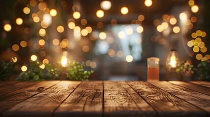 Cozy Wooden Table with Festive Bokeh Lights on Blurred Restaurant Background