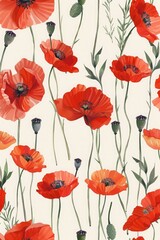 Seamless pattern with summer poppy field flowers. Vector graphics.