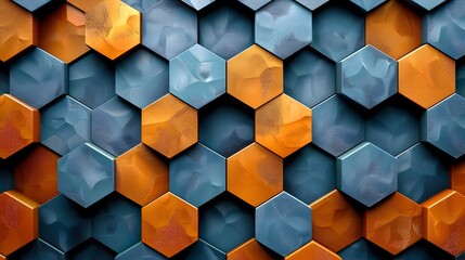 Blue and orange hexagon pattern abstract 3D rendering geometric background