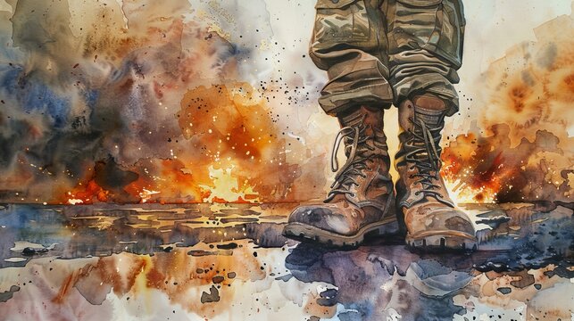 Watercolor scene of soldier boots at rest, an unexpected explosion in the background, juxtaposing calmness in the foreground with chaos afar