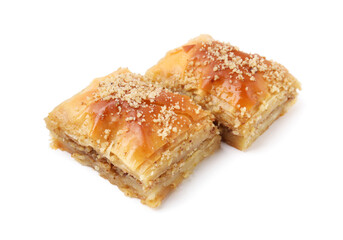 Eastern sweets. Pieces of tasty baklava isolated on white