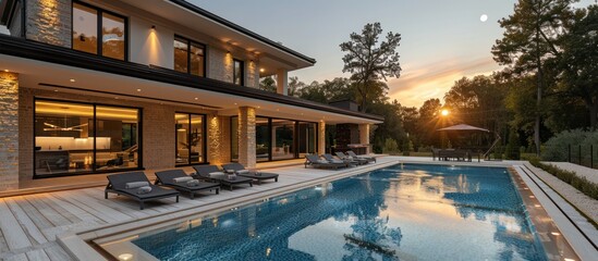 Obraz premium Modern house with swimming pool and barbecue in the backyard at dusk