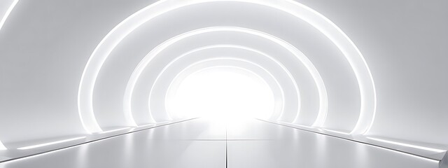 Obraz premium White background 3D room light abstract space technology tunnel stage floor. Empty white future 3D neon background studio futuristic corridor render modern interior silver road black wall design gray