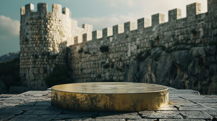 Fototapeta premium A large gold statue sits on a stone platform in front of a castle
