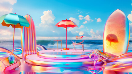 podium Summer 3d polygon , sand beach, umbrella, beach chair, ball, flowers,  metamorphosing elements