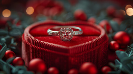 A heart-shaped ring box contains an engagement ring, crafted in imitated material, radiating a deep shade of red. The box exudes elegance and romance, symbolizing love and commitment 