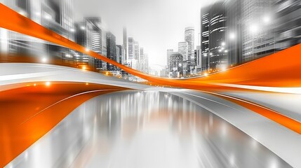 Modern city skyline with colorful wave line and yellow dots for corporate presentation background, representing technology or innovation.  