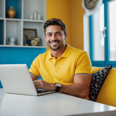 Happy cheerful smiling young adult man doing online shopping or e-shopping.