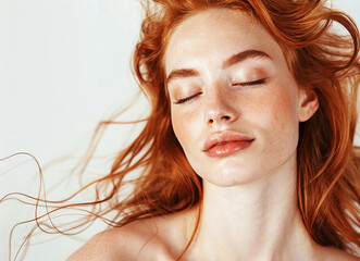 Portrait of a beautiful red-haired woman with freckles and blowing hair,  closed eyes.
