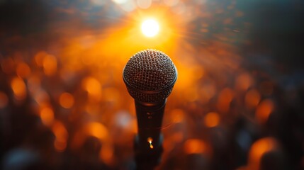 Comedian holding a microphone during a standup routine, spotlight, laughing crowd