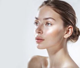 Fototapeta premium Beautiful young woman with clean perfect skin on white isolated background. 