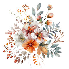 Watercolor clipart of autumn flowers isolated on a white or transparent background.