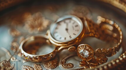A photo of a vintage watch and ring set with matching designs and an elegant and timeless charm.