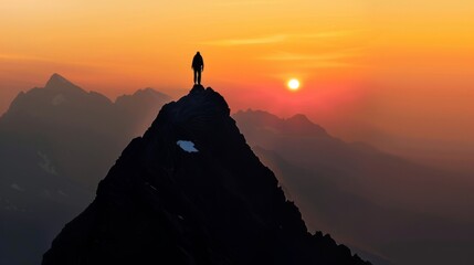 A lone figure standing on a mountain peak, symbolizing the triumph of perseverance and determination in overcoming obstacles