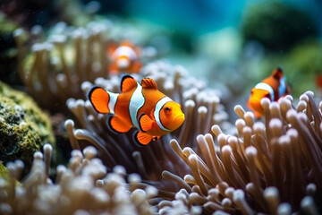 A colorful clownfish, reminiscent of Nemo, swims through a vibrant coral reef in the tropical ocean