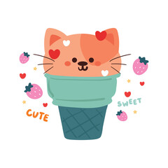 hand drawing cartoon cat inside ice cream cone. cute cat card, wallpaper, background