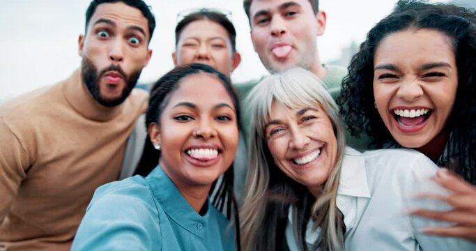Teamwork, funny face and selfie of happy business people for collaboration, support and about us. Startup, diversity and portrait of men and women for team building, solidarity and social media
