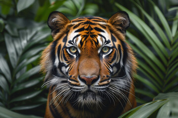 Tiger staring intently through lush foliage, a powerful presence in the tropical jungle, embodying wild beauty.
