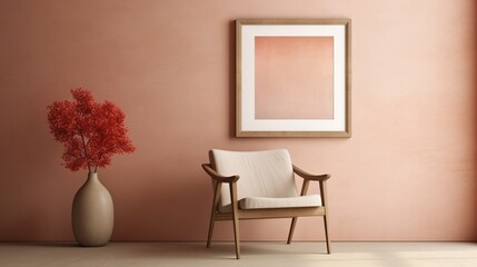 A serene corner bathed in soft terracotta hues, showcasing a minimalist beige chair and a blank frame hanging against a subtle-toned wall 