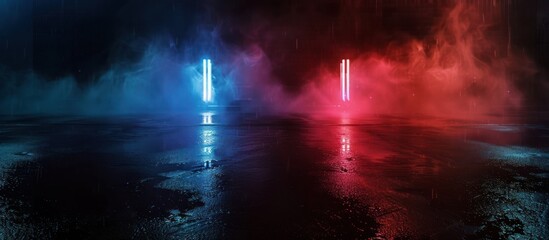 The reflection of the lights on the wet, smoky asphalt in the city