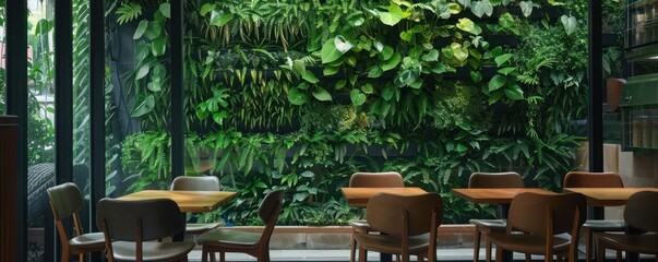 A modern restaurant featuring green walls planted with environmentally friendly living plants