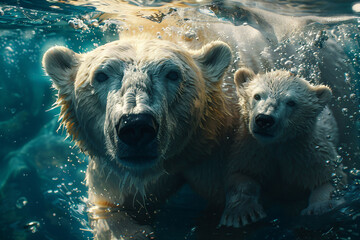 Polar bear swimming with cub, showcasing their playfulness and strength in the aquatic environment, family bonding time.
