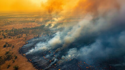 Aerial view from space of ecological disaster of fires in the jungle