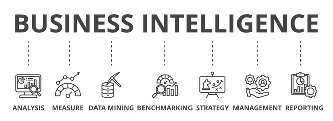 Business intelligence concept icon illustration contain analysis, measure, data mining, benchmarking, strategy, management and reporting.