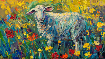 Pastoral Beauty: Sheep Amidst the Flower Garden