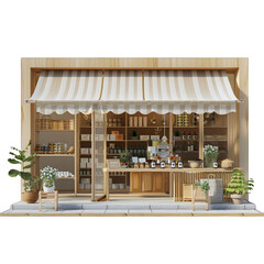 A small store with a white awning and a green plant in a pot